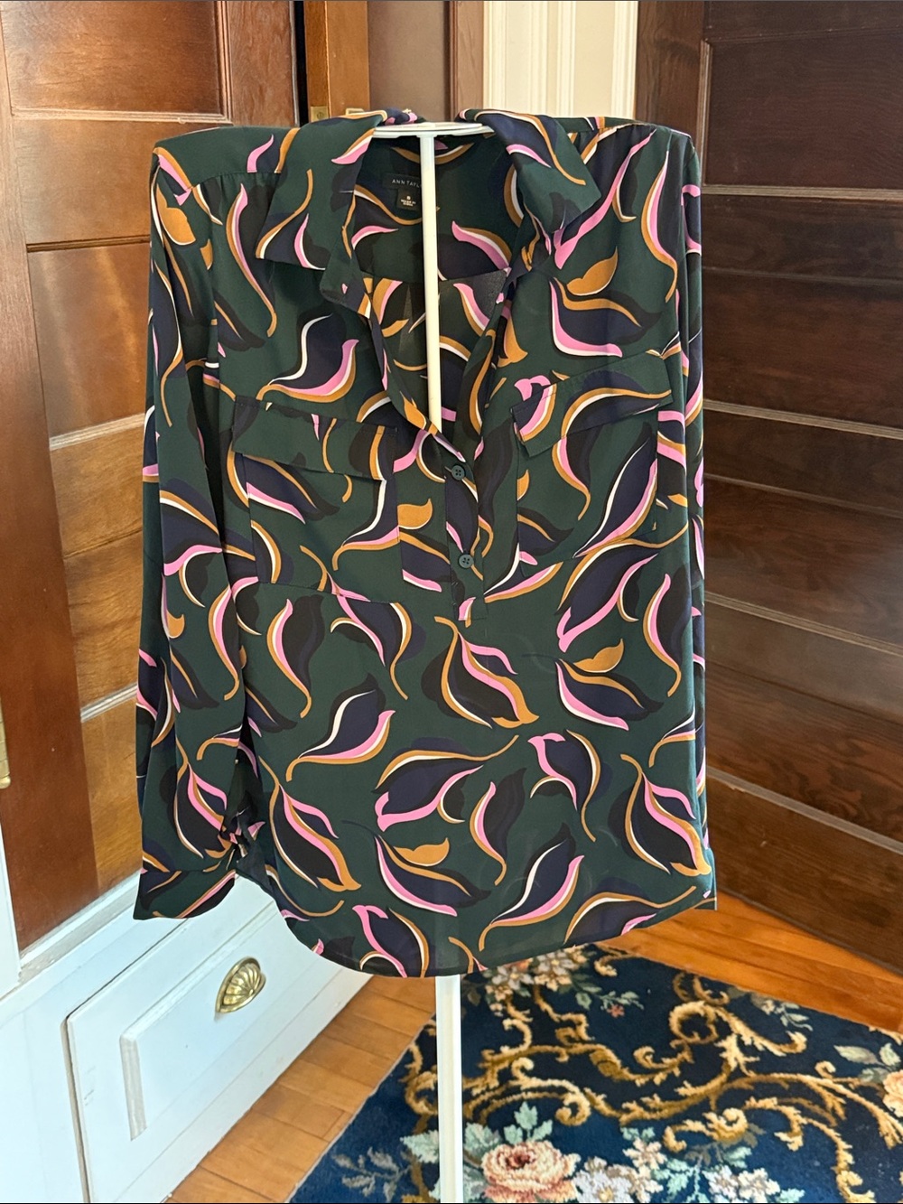 Ann Taylor Blouse with Pink & Mustard Swirl leaf print- worn once. 98 retail